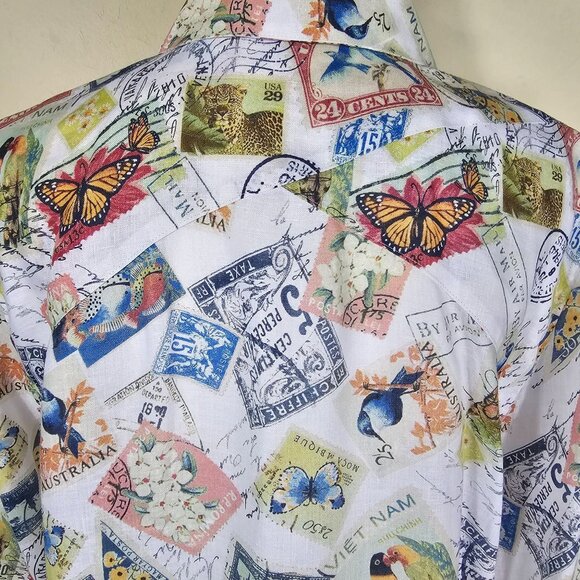 Chicos No-Iron Linen Button Up Shirt XL Postcard Print Coastal Artsy Travel - Picture 10 of 12
